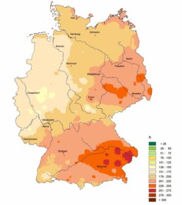 The southern advantage: Sunlight hours in June 2007